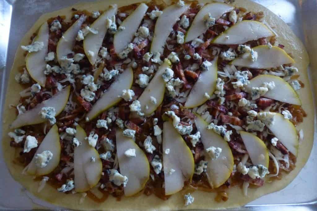 Caramelized Onion, Bacon & Pear Pizza assembled, pre cook
