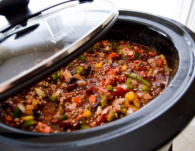 Slow cooker Vegetarian Chili with Quinoa & Chocolate close up pre-cook