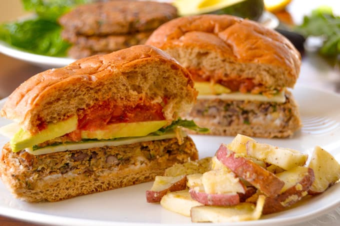 Black Bean & Chickpea Burgers side view in half