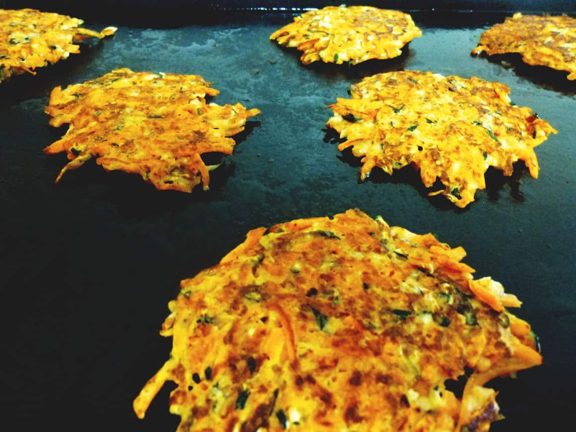 Zucchini and Carrot Fritters finishing on the griddle