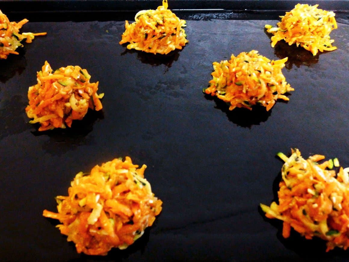 Zucchini Carrot Fritter scoops on griddle