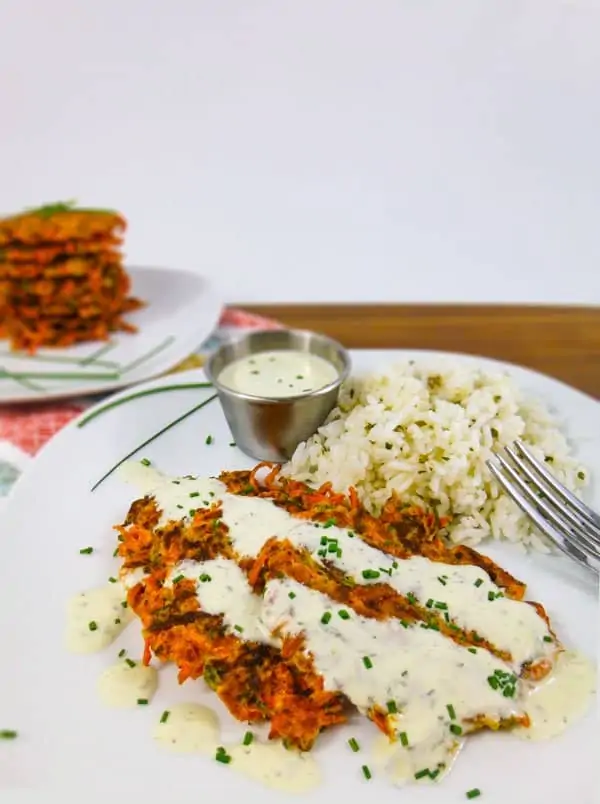Zucchini and Carrot Fritters with lemon chive sauce