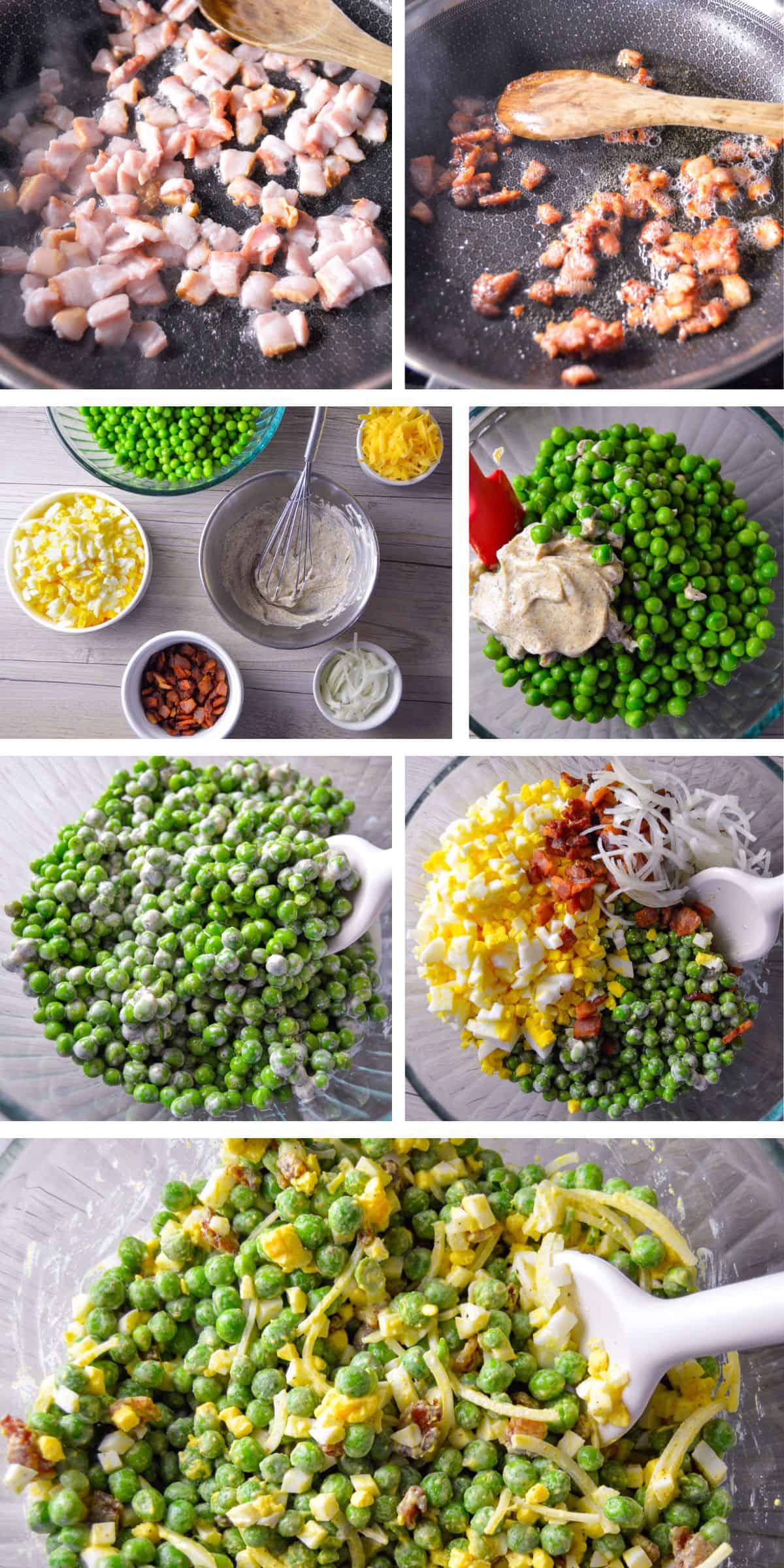 Making Pea salad collage with 7 pictures from cooking bacon to final bowl of salad