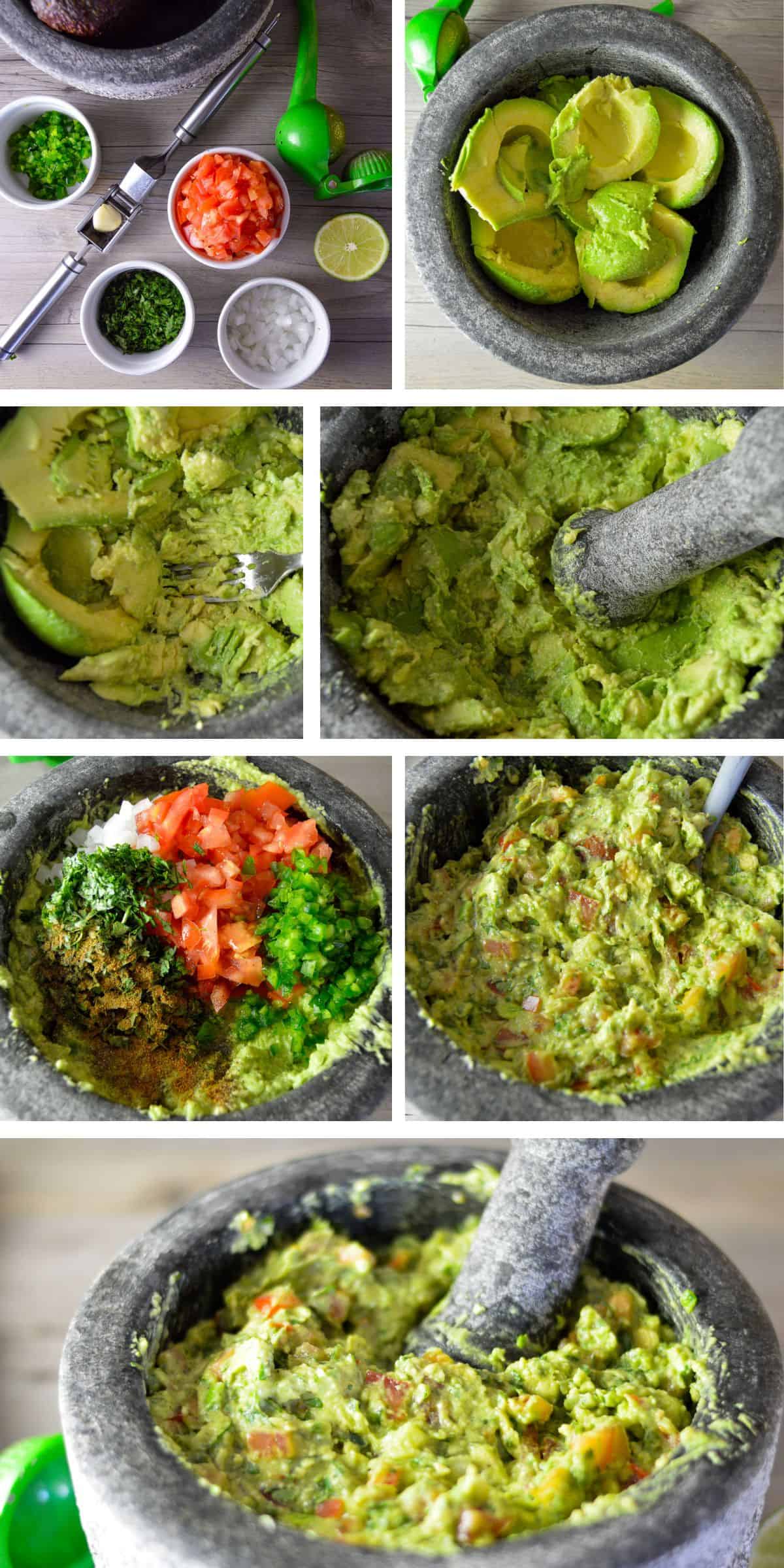 Steps collage for making simple homemade guacamole in stone bowl
