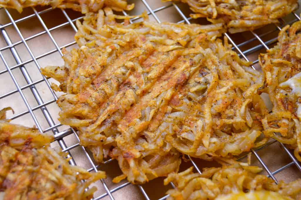 Hash Browns post cook on wire rack and cookie sheet