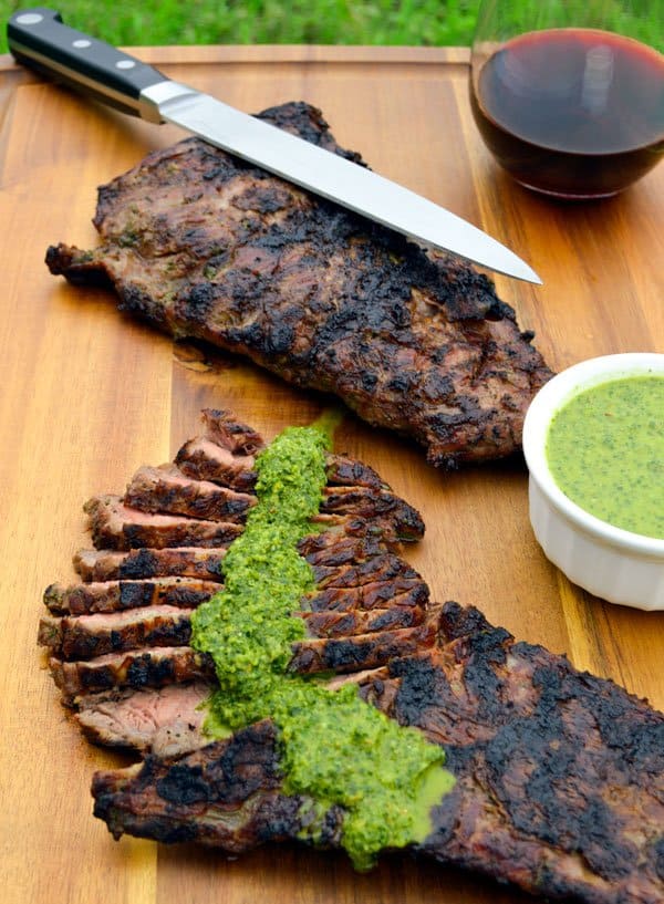 Grilled Skirt Steak with chimichurri sauce and red wine