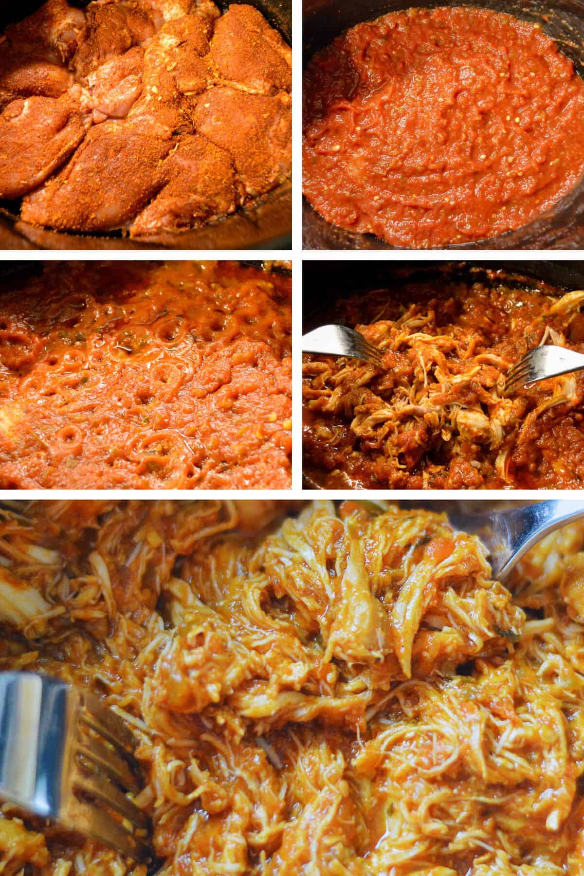 Steps collage for making shredded chicken tacos in slow cooker, from placement to fully shredded