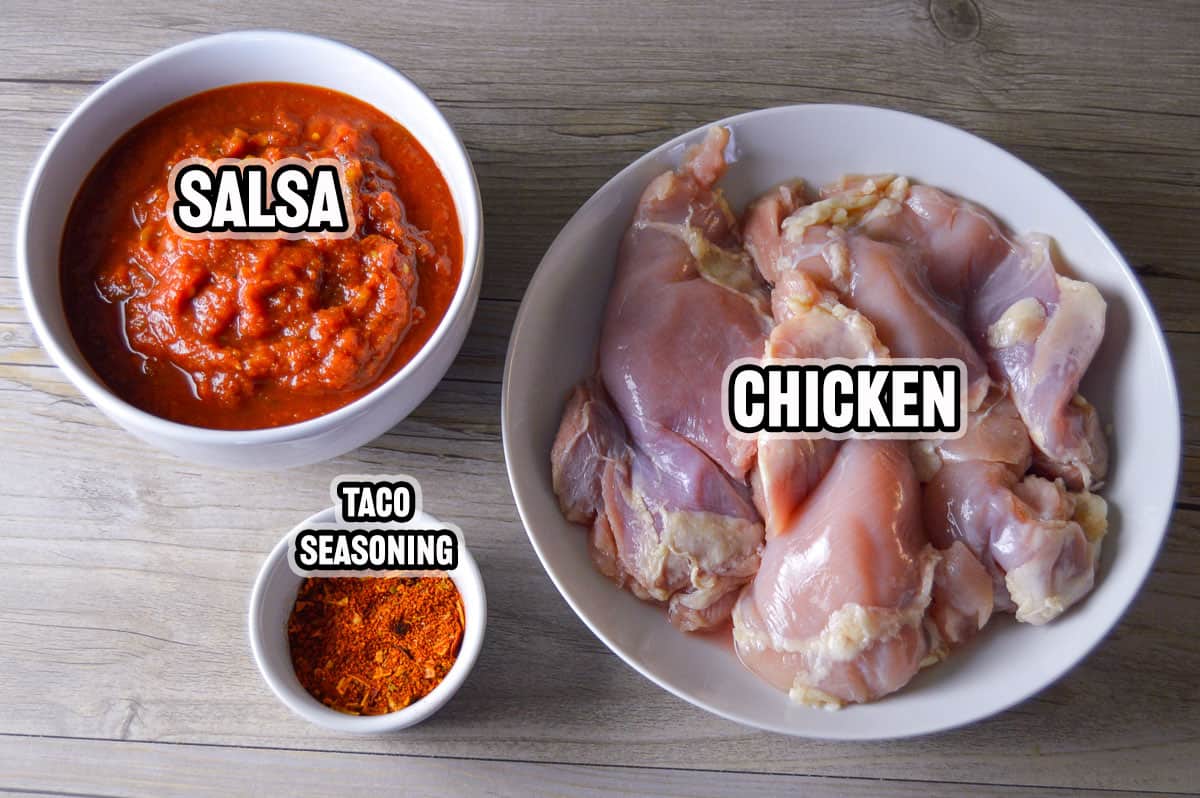 3 ingredients for shredded chicken tacos in slow cooker or instant pot shown on grey wooden counter: chicken thighs, chunky salsa & taco seasoning
