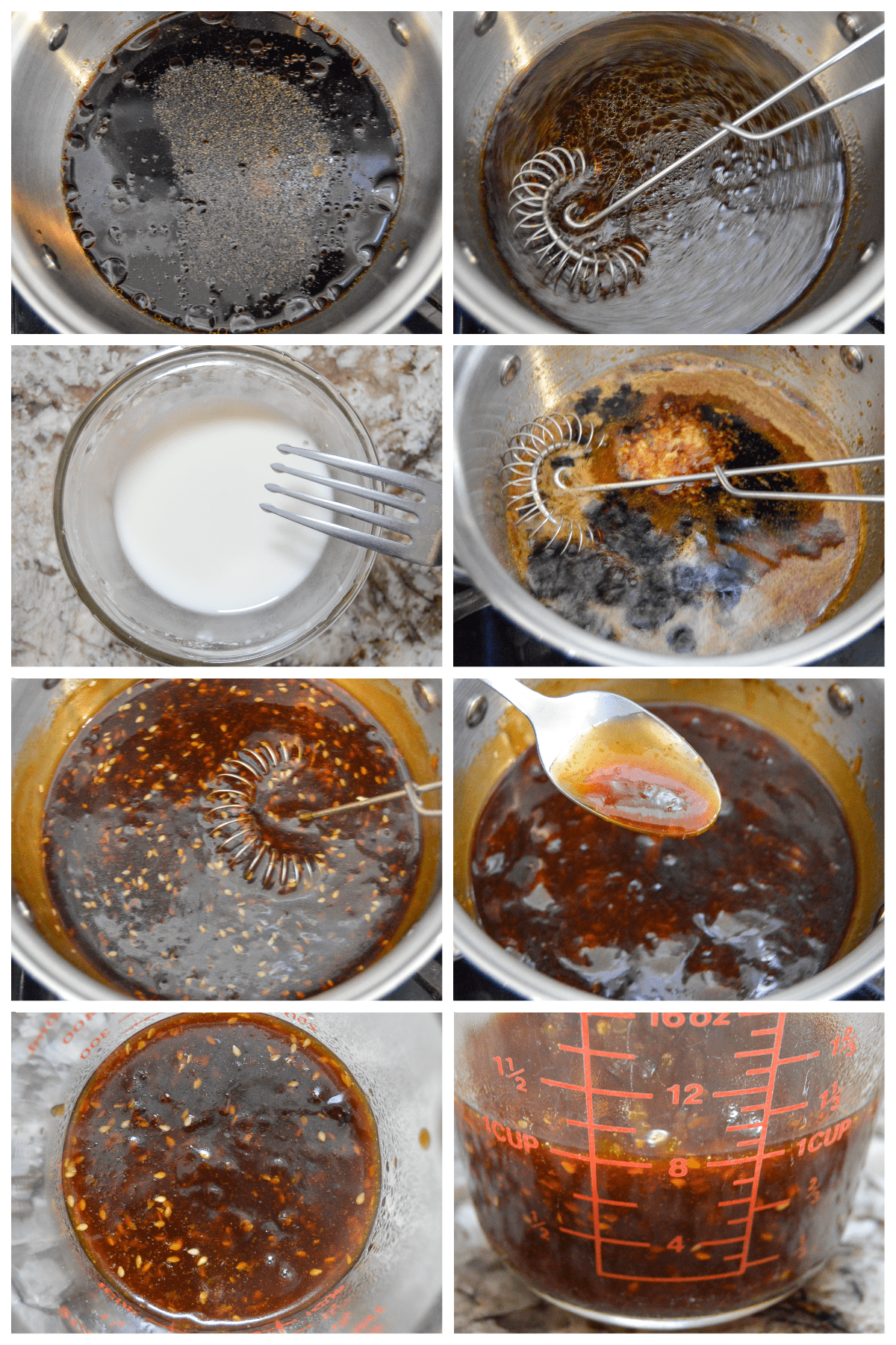 Asian Sauce prep Steps on stove and in Pyrex
