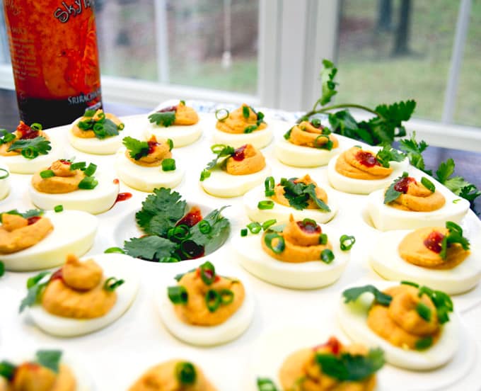 Sriracha Deviled Eggs on large platter