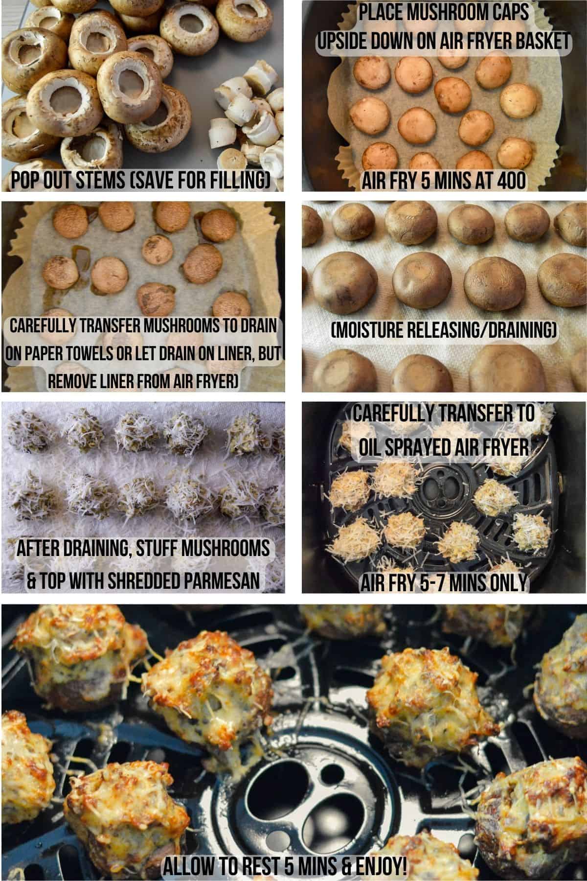 7 images in collage showing steps for making air fryer stuffed mushrooms