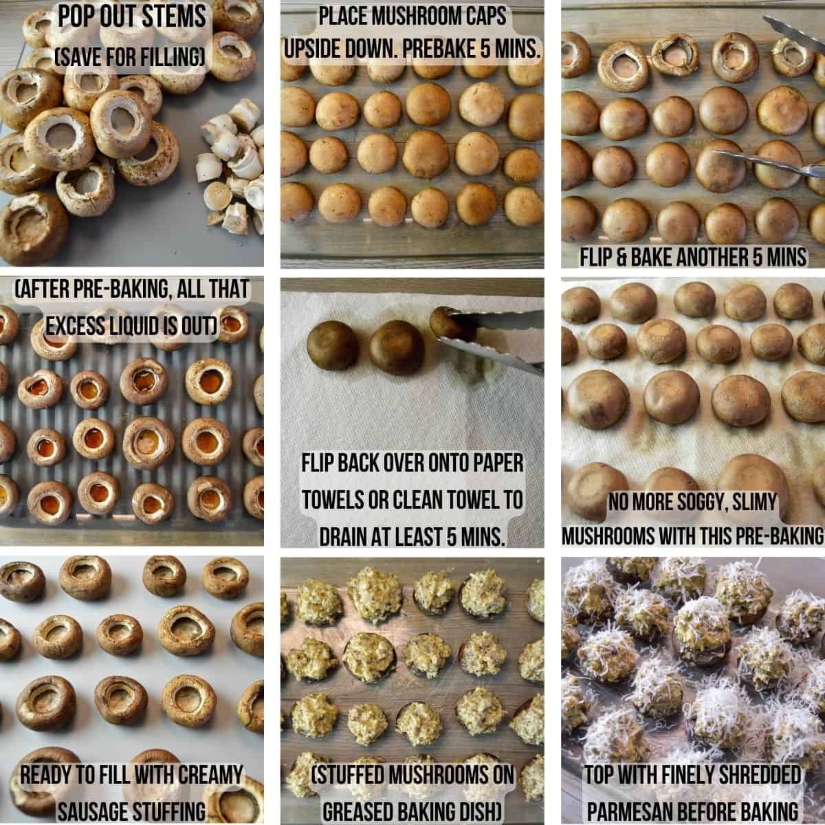 Steps for Pre-Baking and stuffing mushrooms in 9 image collage