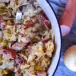 Ukrainian Cabbage & Sausage Stew Up close in Dutch Oven