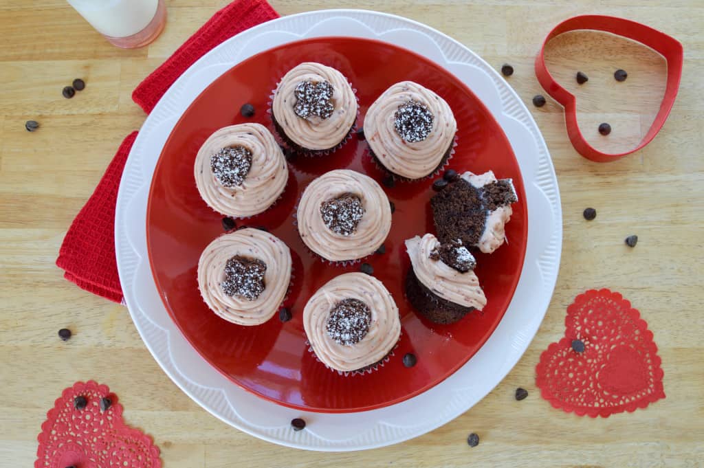 Chocolate Cupcakes Cherry Frosting, cut open