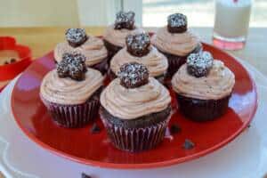 Chocolate Cupcakes with Heart Top on Icing Close Up