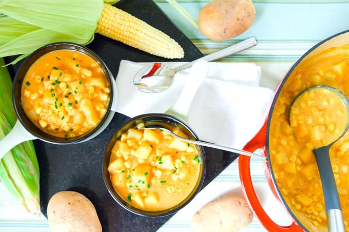 Easy 1 Hour Potato & Corn Chowder in bowls and dutch oven