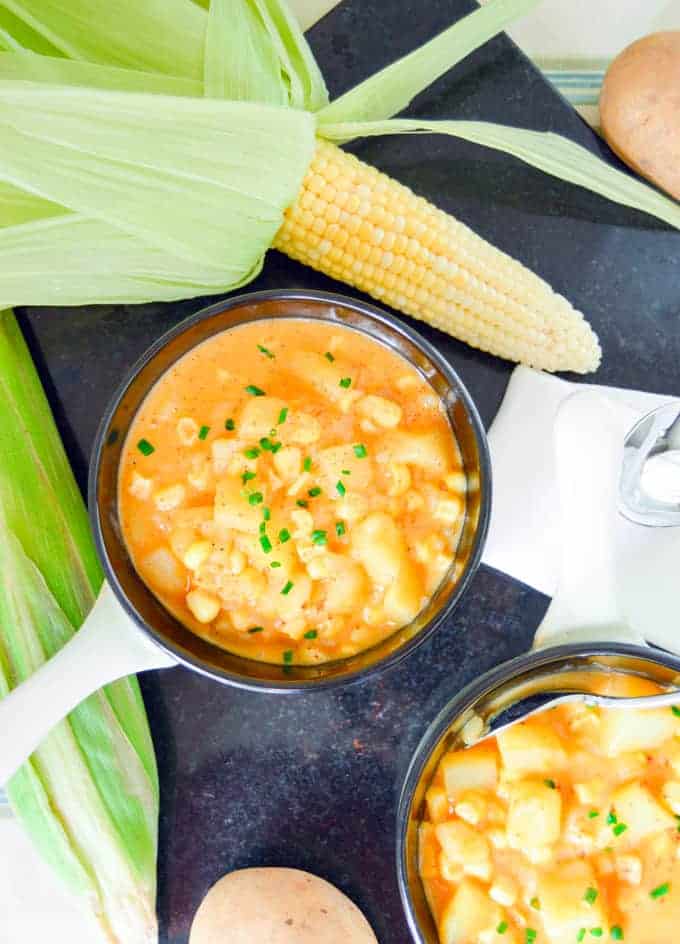 Easy 1 Hour Potato & Corn Chowder close up in bowls