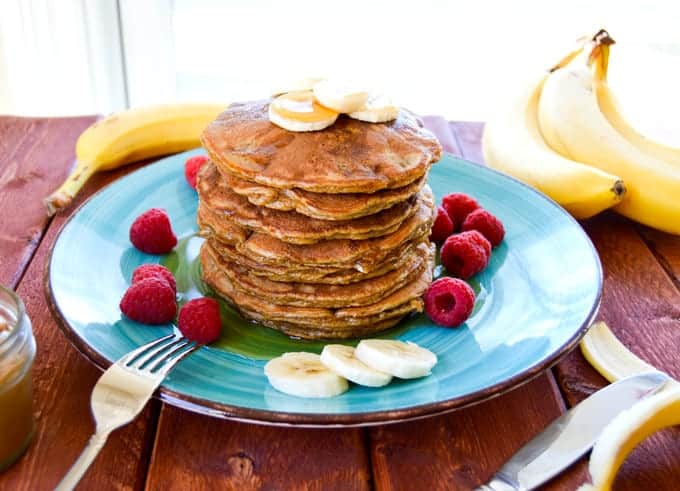 Flourless Peanut Butter Banana Pancakes stacked on plate