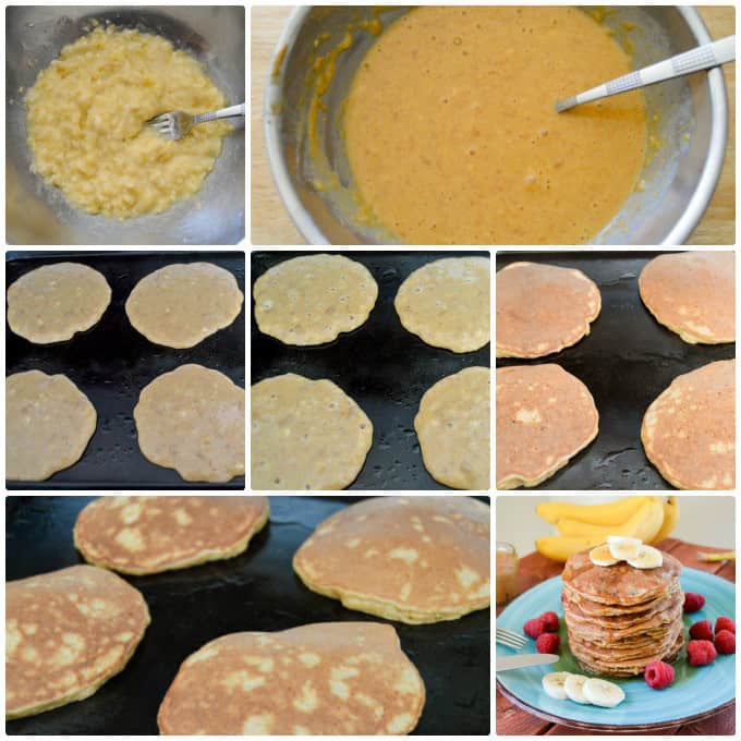 Step by Step Collage for Flourless Peanut Butter Banana Pancakes