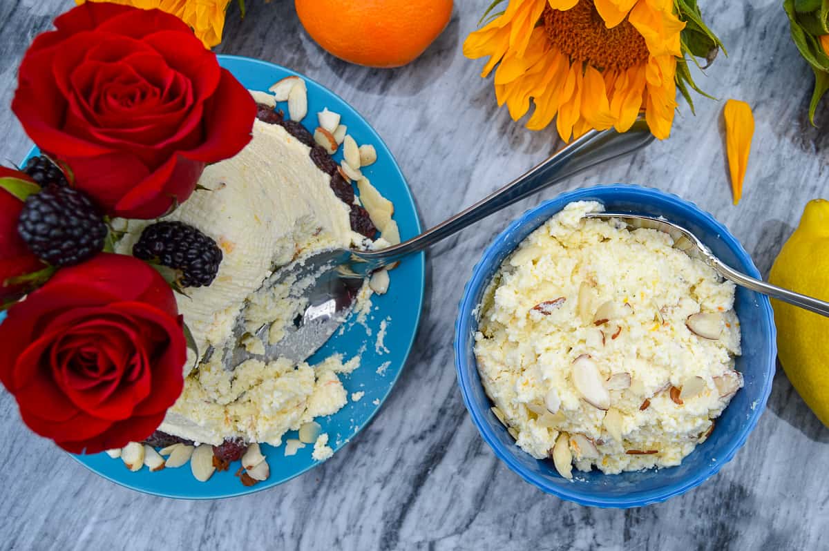 Paskha Russian Crustless Cheesecake scooped into bowl