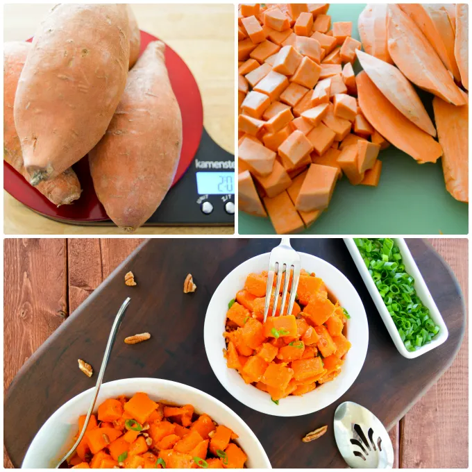 Orange Pecan Sweet Potato Salad Collage with potatoes, scale and cubed