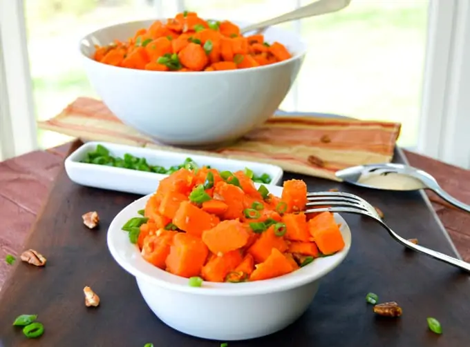 Orange Pecan Sweet Potato Salad close up serving