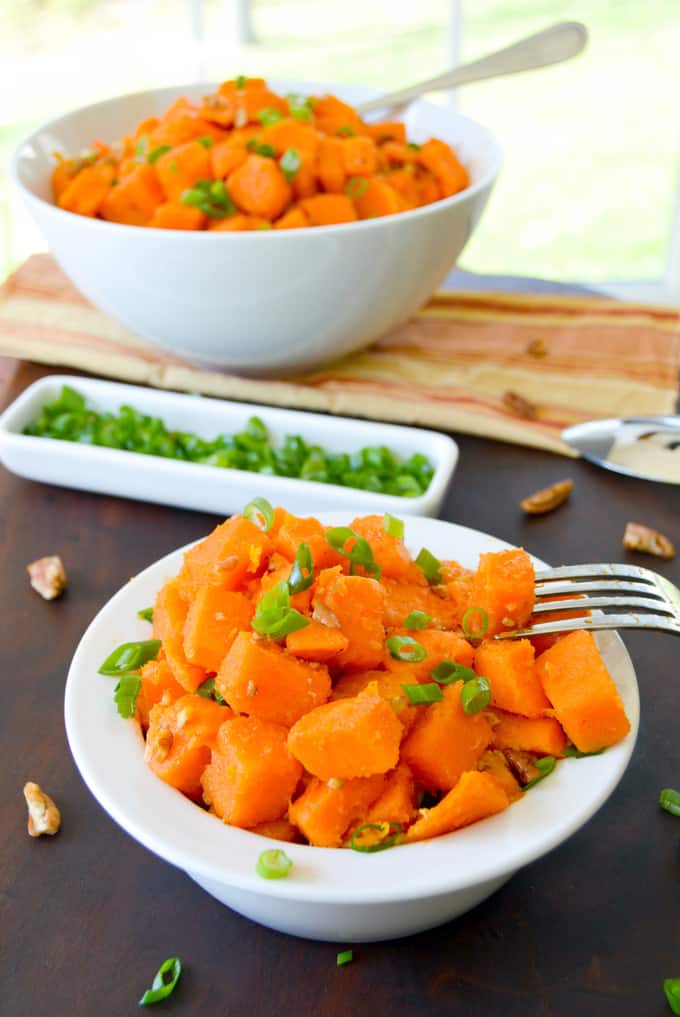 Orange Pecan Sweet Potato Salad close up serving