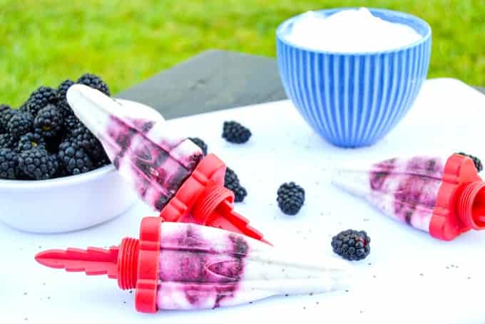 Berry Chia Yogurt Pops Close up with Blackberries