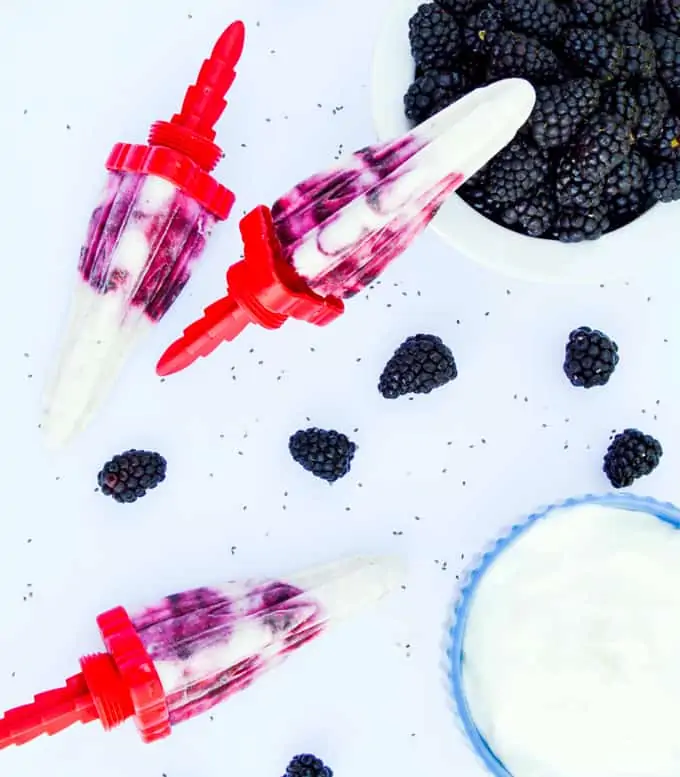 Close up of Berry Chia Yogurt Pops with Yogurt and Blackberries