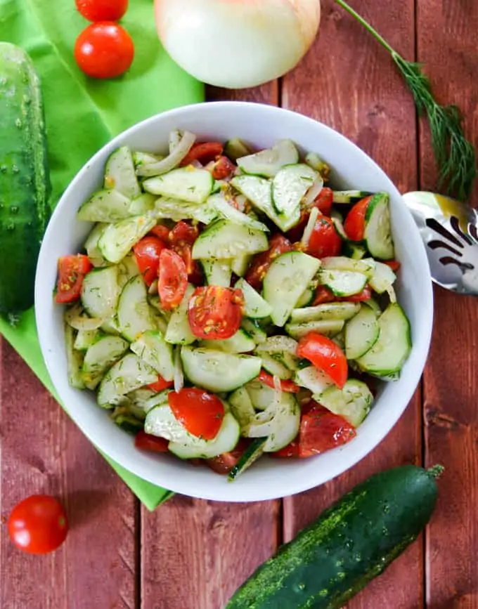 Cucumber Tomato Summer Salad close up in bowl