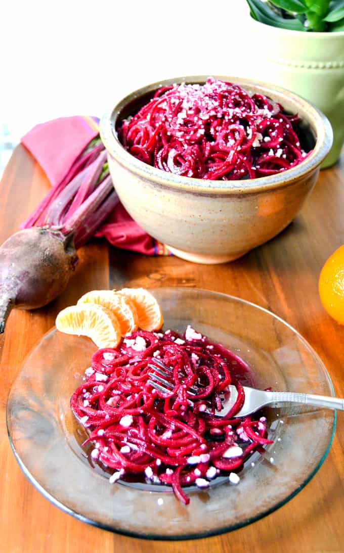 Raw Beet Spiralized Salad with mandarin plated