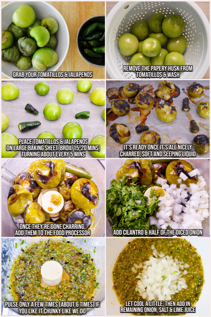 Steps collage of making salsa verde from tomatillos and jalapenos in bowls to mixing in a bowl with diced onion