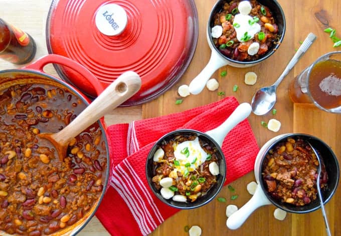 Chili with beer and toppings, photo over top