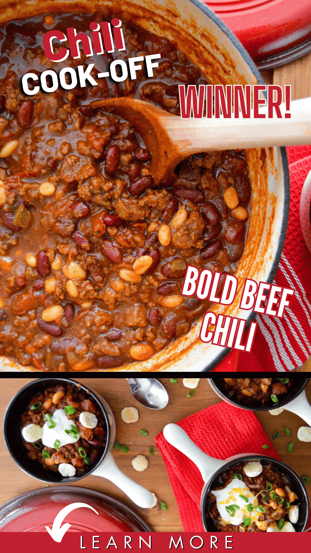 Chili Cook Off Winning bold beef chili Pinterest Pin showing big pot of chili and some plated in bowls below.