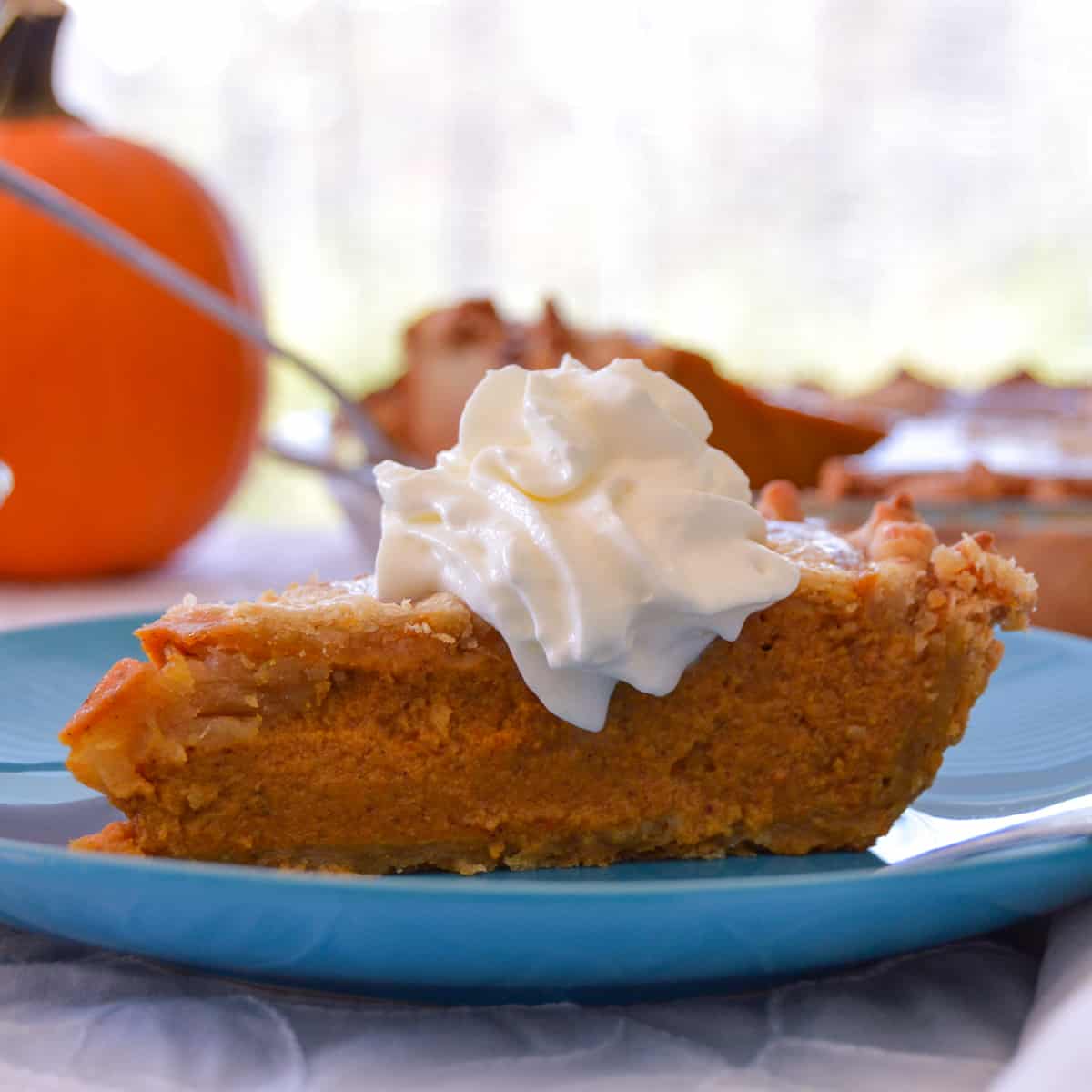 Simple Rustic Pumpkin Pie slice close up on blue plate with whipped cream and pumpkin and another pie in background