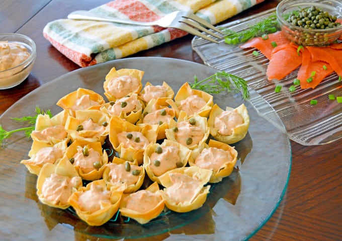 Scallion & Dill Smoked Salmon Phyllo Bites plated view up close