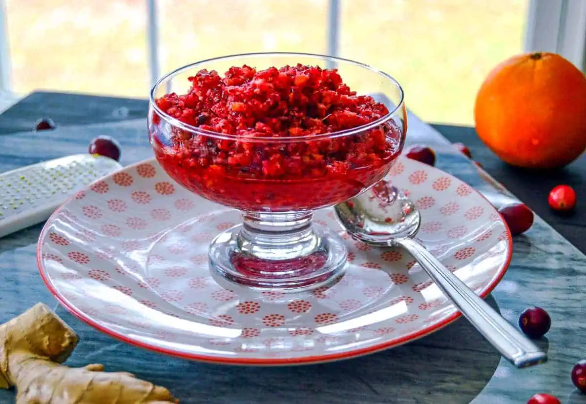 Orange Cranberry Relish in dessert bowl on red and white plate with spoon, ginger, orange and cranberries on the side.
