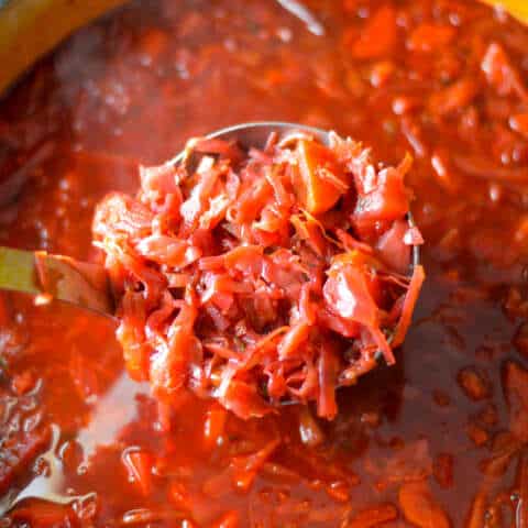 Big full ladle of borscht over big pot of borscht