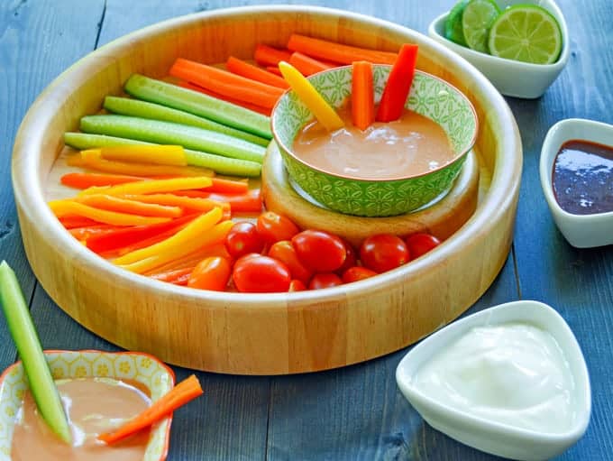 Sweet & Spicy Gochujang Dipping Sauce with vegetables and ingredients