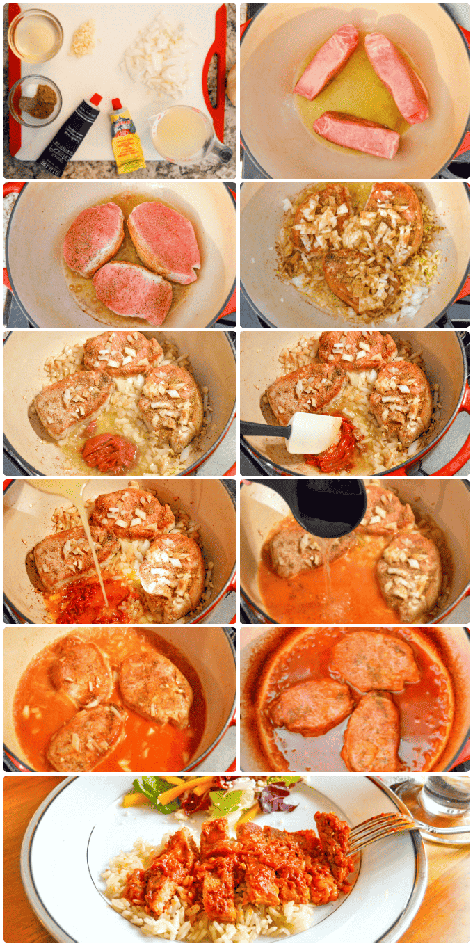 Braised Pork Chops with Tomato Harissa Sauce step by step collage