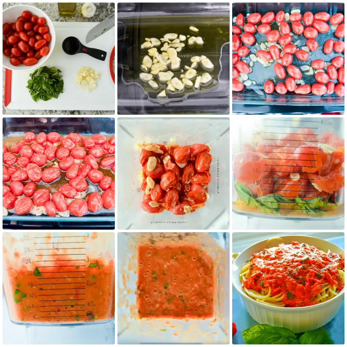 Roasted Tomato Garlic Basil Pasta Sauce step by step collage