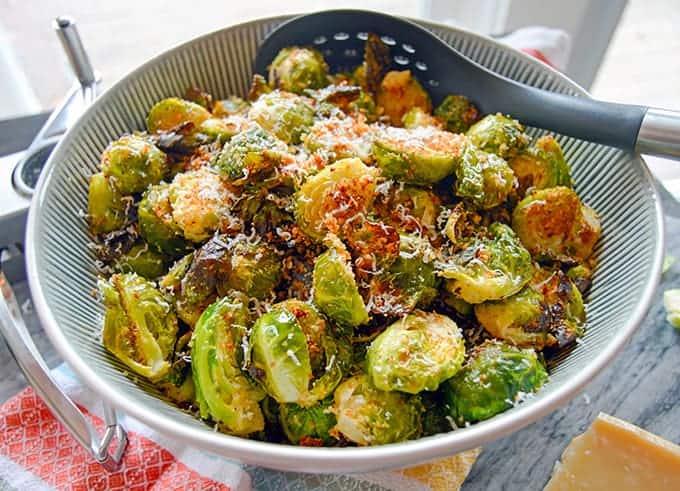 Parmesan Crusted Roasted Brussels Sprouts close up in serving bowl
