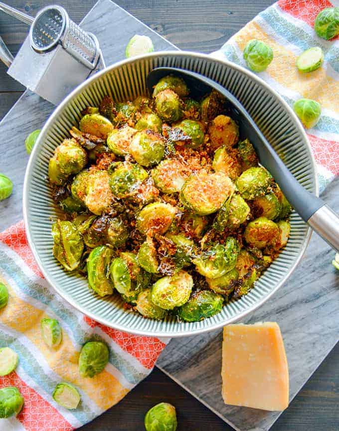 Parmesan Crusted Roasted Brussels Sprouts top view in serving bowl
