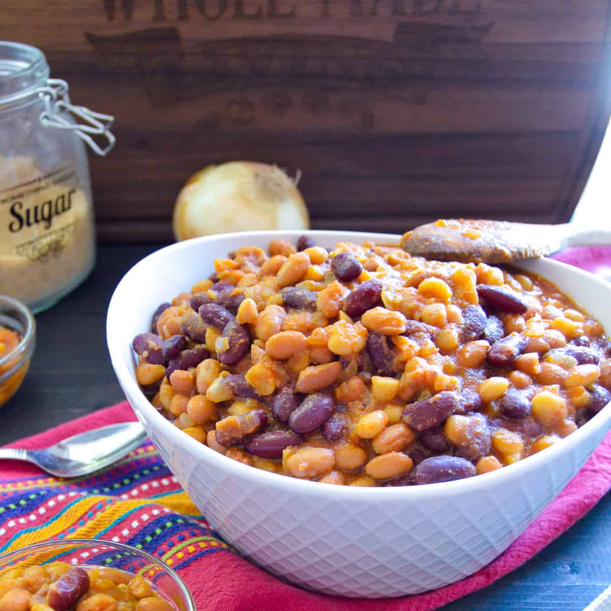 Baked Beans with WML Board, brown sugar and onion in serve bowl