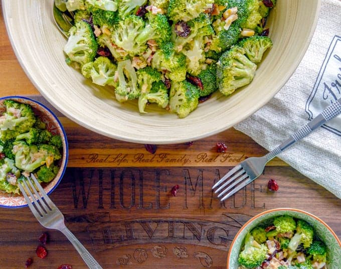 Broccoli Salad with Cranberry & Bacon up close with WML Board
