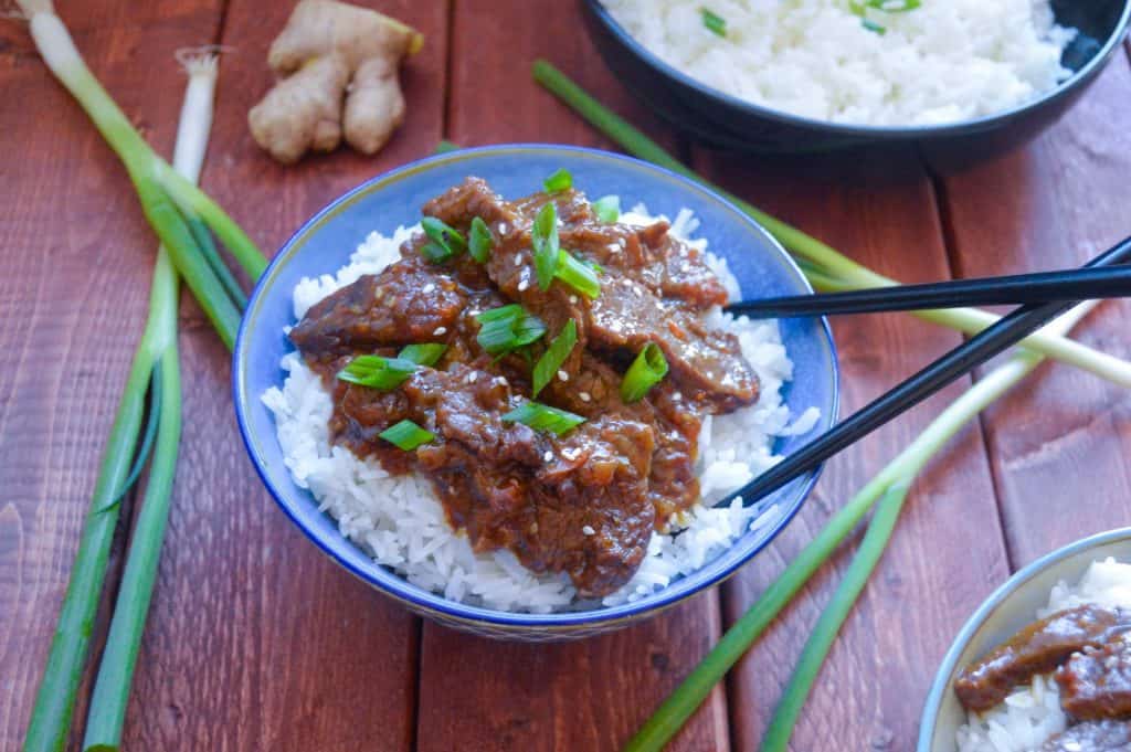 Instant Pot Mongolian Beef with green onion and fresh ginger