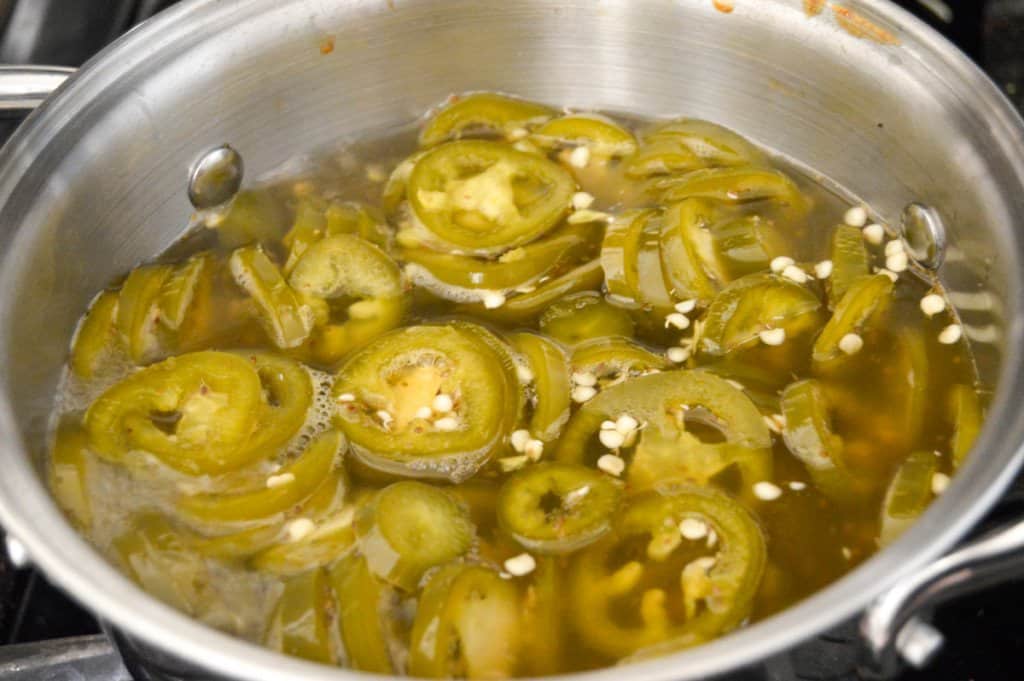 Simmering Jalapenos in Semi-Sweet Brine