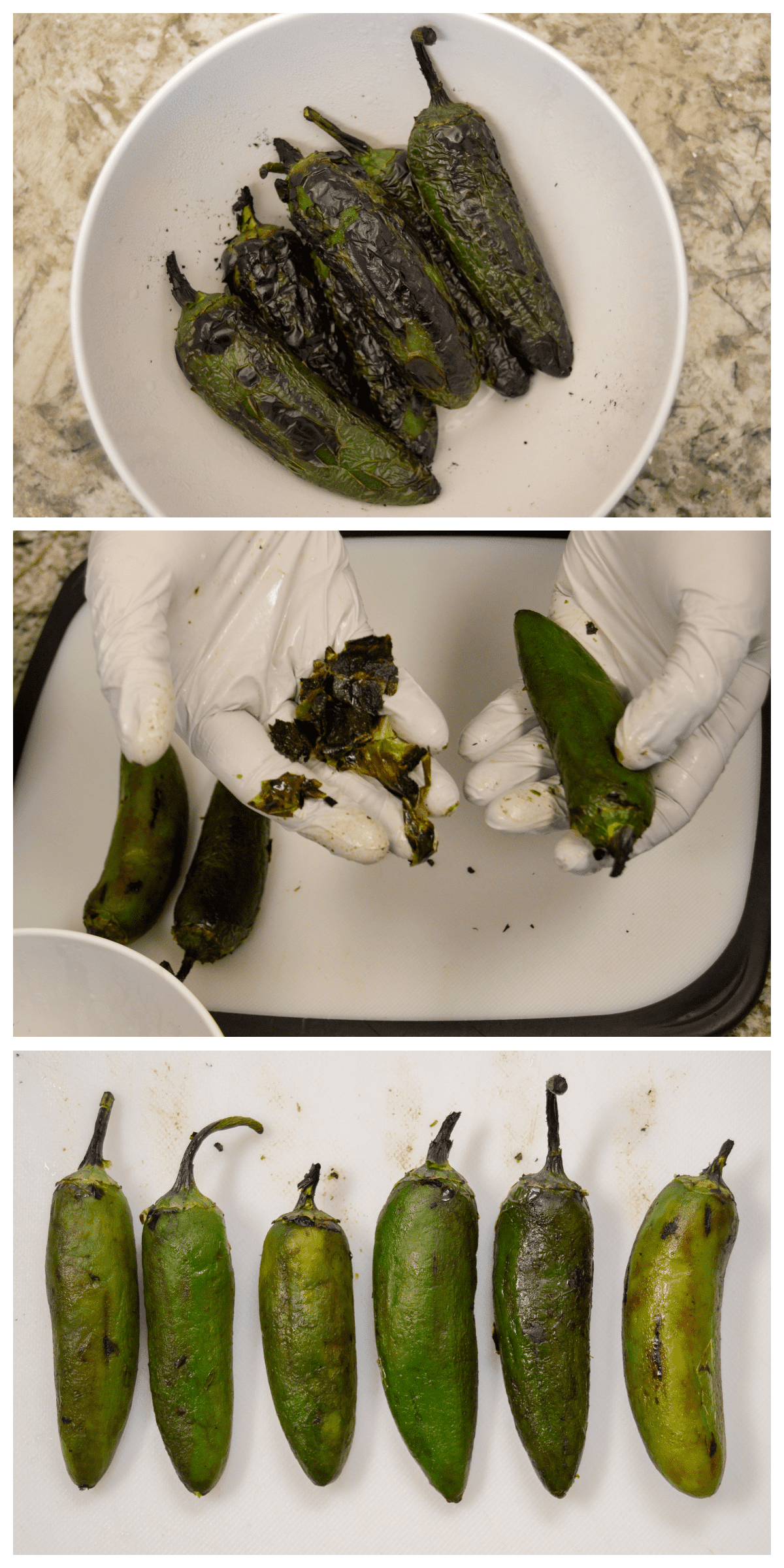 Peeling grilled and charred jalapenos