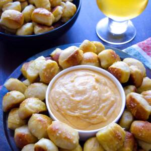 Beer Cheese in white bowl surrounded by soft pretzel bites with glass of beer