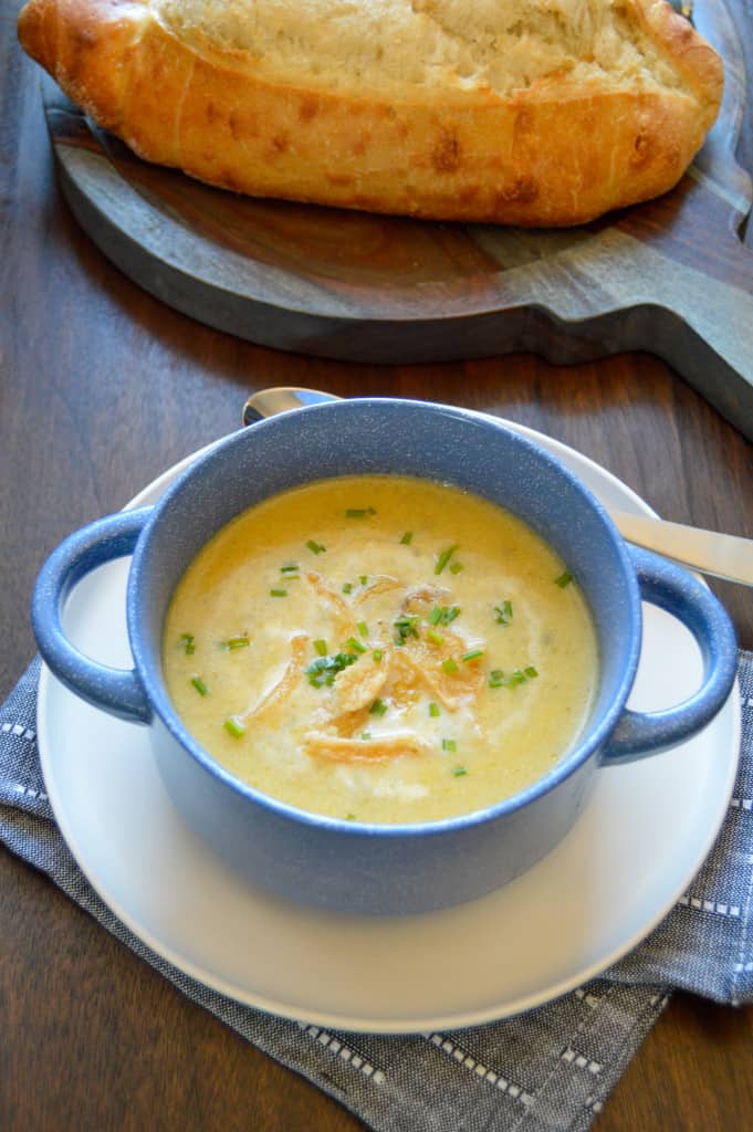 Potato Soup with bread in bowl